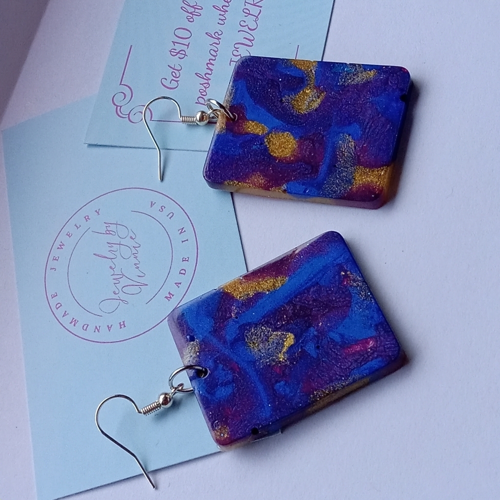 Hand Crafted Blue and Gold Artistic Earrings - Picture 5 of 6